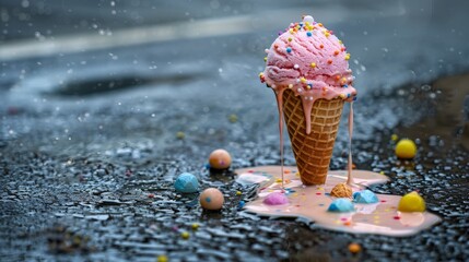 Melted pink ice cream cone on asphalt, colorful sprinkles. soft focus,defocus