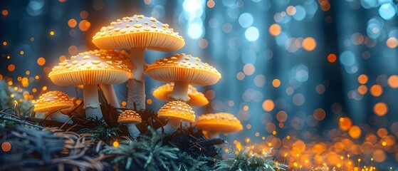 Enchanted Forest Glow: Mystical Mushroom Illumination. Concept Enchanted Forest, Glow, Mystical Mushroom, Illumination - obrazy, fototapety, plakaty