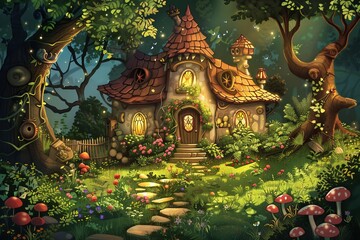 Fototapeta premium Illustration of a cartoon children's fairy tale. Mystical stone cottage in a twilight forest, aglow with fireflies, hints at magical woodland tales