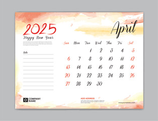Calendar 2025 template, Desk Calendar 2025 template, April 2025, week start on sunday, Wall calendar, planner, stationery, Printing template, organizer office, Red watercolor background, vector