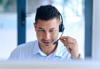 Call center, man and headset for business, customer service and smile for telemarketing, sales and...