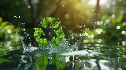 Recycling symbol, water splash, green, nature backdrop, sustainable living. soft focus,defocus