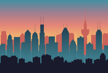 City at sunset vector illustration. Silhouette of buildings in dark colors, flat style. Urban abstract background.
