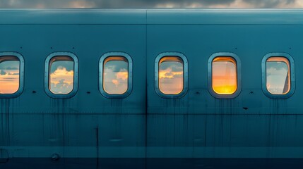 Exterior of airplane with windows reflecting sunset sky, fuselage texture, wide format