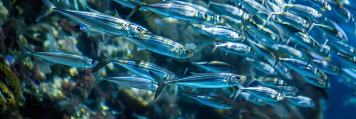 banner shiny fusilier fish swimming in unison near a coral reef in the ocean depths, reflected light creating a dynamic scene. soft focus,defocus