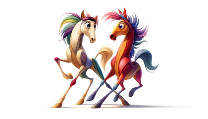 Whimsical horses with flowing multicoloured manes prance joyfully