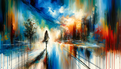 Vibrant painting of a lone woman's figure walks toward a radiant horizon