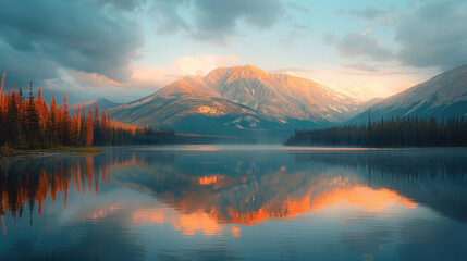 A tranquil mountain lake at sunrise
