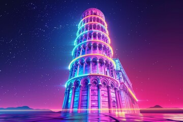 Neon Rainbow Lights on Leaning Tower of Pisa