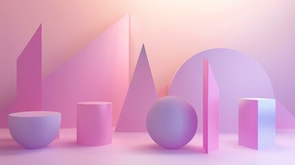 This is a 3D rendering of a geometric scene. There are several geometric shapes in the scene, including spheres, cubes, and triangles.