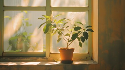 Lush Houseplant Thriving in Warm Natural Window Light of Cozy Home Interior