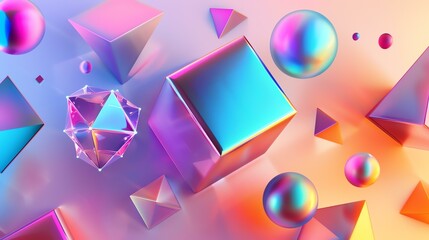 3D rendering of a colorful abstract background with geometric shapes. The image has a soft, pastel...
