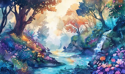 Obraz na płótnie Canvas Illustrate a whimsical, tilted angle view of a enchanted forest in watercolor, featuring vibrant flora, mystical creatures, and sparkling streams to evoke a sense of wonder and magic