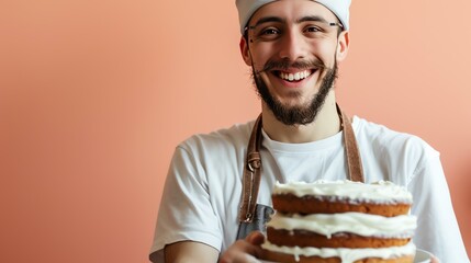 Cheerful male baker holding a delicious cake. He is wearing a white apron and a white hat. He has a big smile on his face. The background is pink.