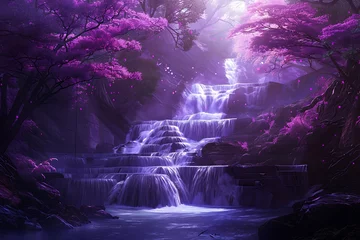 Foto op Plexiglas : Cascading waterfalls amidst a mystical purple forest © crescent