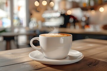 : Ceramic mug mockup with a clean, branded design and a saucer holding a steaming latte in a cafe setting.