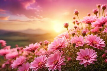 pink flowers on sunset scene