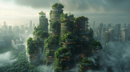 Urban Jungle, In a futuristic city overrun by concrete and pollution,  gardens and rooftop oases. Generated AI - obrazy, fototapety, plakaty