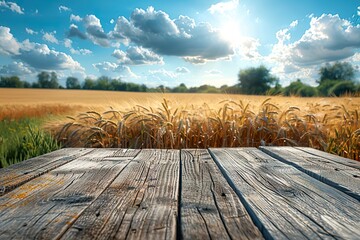 Table with view of wheat fields in summer with copy space