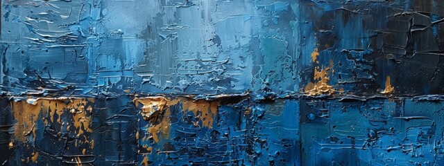 Textured Blue Oil Painting with Gold Accents
