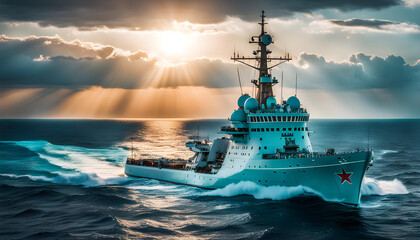 Fototapeta premium research ship explores, a huge ship with scientific instruments, a bright setting sun, turquoise sea and waves in the background of the ship,