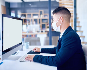 Computer screen, mockup and man in office with face mask for safety, protection and covid...