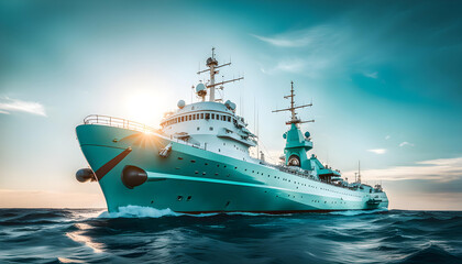 Obraz premium research ship explores, a huge ship with scientific instruments, a bright setting sun, turquoise sea and waves in the background of the ship,