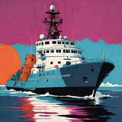 Naklejka premium research ship explores, a huge ship with scientific instruments, a bright setting sun, turquoise sea and waves in the background of the ship,