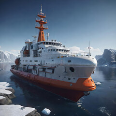 Naklejka premium research ship explores, a huge ship with scientific instruments, a bright setting sun, turquoise sea and waves in the background of the ship,