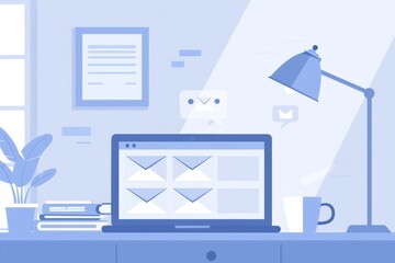illustration of an open laptop with various email icons on the screen, in an office desk setting, with a simple color palette featuring blue and white accents Generative AI