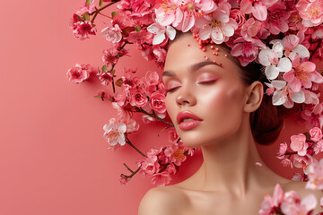 Cherry blossoms framing a serene woman's face