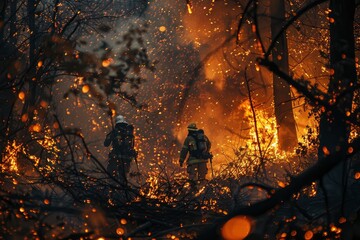 Professional firefighters in protective clothing and helmets extinguish a fire in forest. Firefighters douse the burning forest and save nature. Emergency situation, environmental disaster
