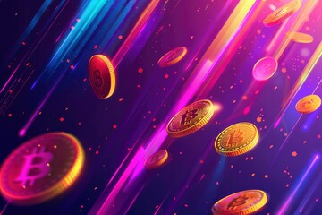 Bitcoin gold coins are flying on lilac pink blue background. 3D illustration. Virtual electronic money. Modern earnings concept, business, creative layout with BTC crypto currency