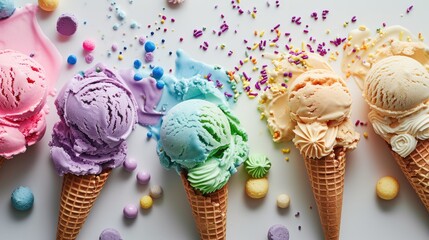 The various group of the colourful ice cream cones that has been laid on the blank floor and...