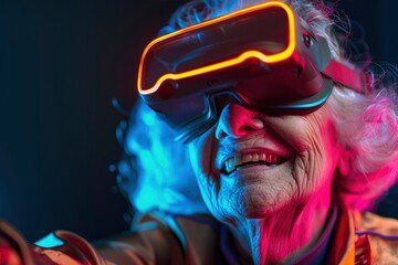 Grandmother, elderly gray-haired woman wearing virtual reality glasses in neon lighting. Fashionable pensioners master modern technologies, play video games, watch magical 3D world