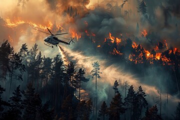 A helicopter in the air extinguishes a fire in the forest. Pouring water on a fire from the air. Professional fire extinguishing in nature. Emergency situation, environmental disaster