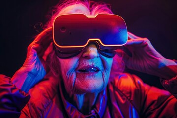 Grandmother, elderly gray-haired woman wearing virtual reality glasses in neon lighting. Fashionable pensioners master modern technologies, play video games, watch magical 3D world