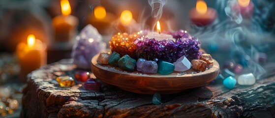 Mystical Ritual with Crystals and Candles. Concept Spiritual Practice, Crystal Healing, Candle Magic, Metaphysical Rituals - obrazy, fototapety, plakaty