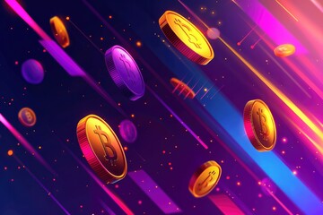 Bitcoin gold coins are flying on lilac pink blue background. 3D illustration. Virtual electronic money. Modern earnings concept, business, creative layout with BTC crypto currency