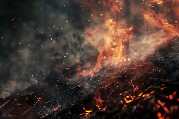 Fire in the forest, burning forest. Ecological disaster, natural emergency. Sparks of fire, flaming branches and trees, smoke