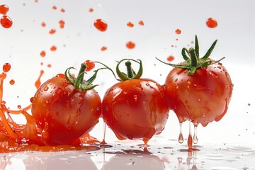 Flying ripe tomatoes with a splash and splash of tomato juice, sauce or ketchup. Creative food concept, falling tomatoes. Mockup for advertising, label, design