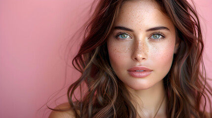 Naklejka premium Portrait of beautiful young woman with freckles and natural makeup on pink background. Copy space