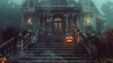 A spooky old mansion with fog rolling in, a single jack o' lantern glowing on the front steps. Ai...