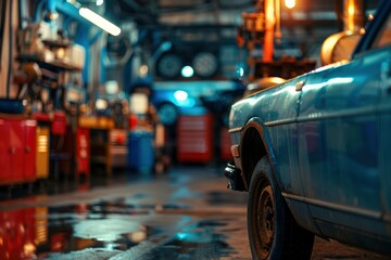 Blurred defocused auto repair shop background. Car repair garage, interior with cars and spare parts for repairs. Car maintenance