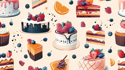 A seamless pattern of various cakes and desserts, including chocolate cake, strawberry cake, blueberry cake, and more.