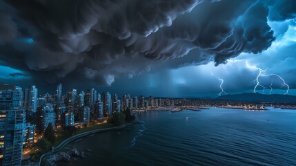 Experience the raw power of nature as a dramatic thunderstorm unleashes its fury over a city skyline, illuminating the night with electrifying lightning strikes. This captivating long exposu