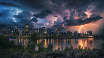 A dramatic cityscape with a river in the foreground and a stormy sky with lightning bolts in the background.