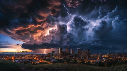 A dramatic cityscape photo of a lightning storm over a downtown skyline.