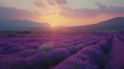 A beautiful landscape of a lavender field at sunset. The lavender is in full bloom and the sun is...