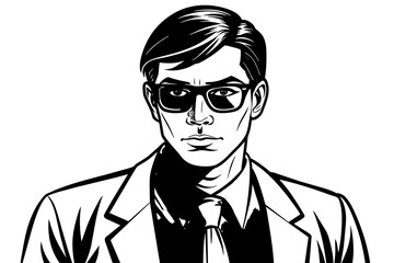 an handsome man wears a blue tie and white shirt and black glass